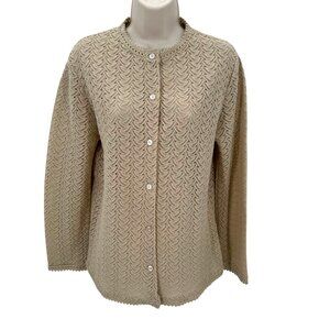 Vintage Miss Holly Womens Neutral Beige Pointelle Knit Cardigan Sweater Size M